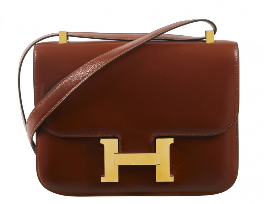 HERMÈS Circa 1985  Sac CONSTANCE 24 Box Cognac Garniture métal plaqué or  CONSTANCE 24 bag Cognac box calfskin leath...