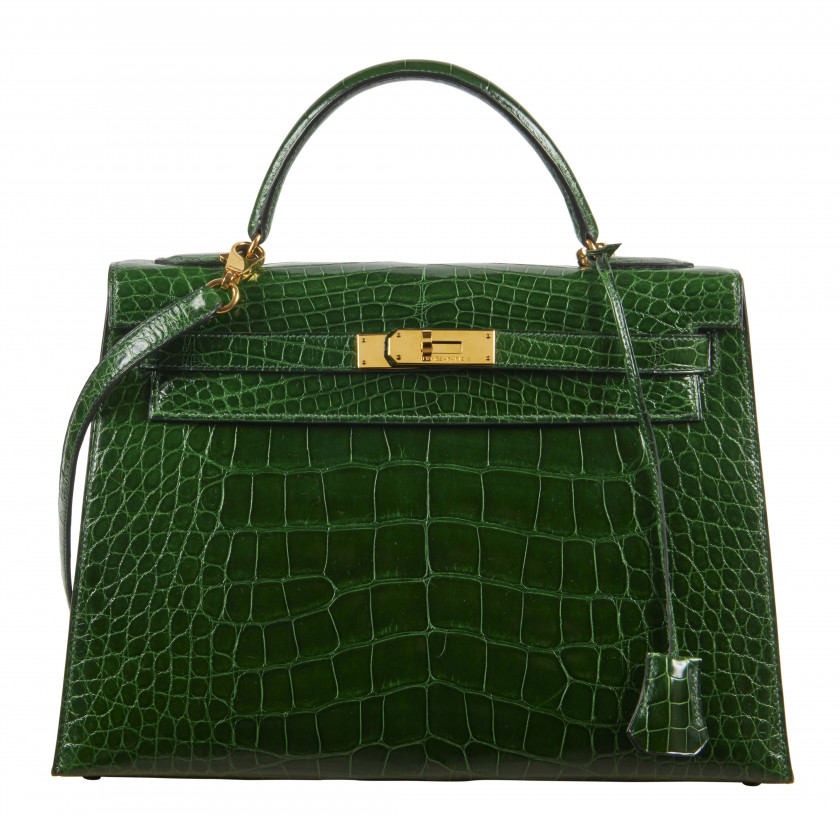 HERMÈS 1991  Sac KELLY Sellier 32 Alligator lisse vert (Alligator mississippiensis) II/B Garniture métal plaqué or Bando...