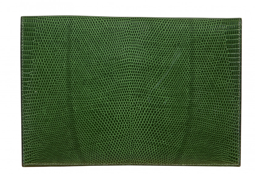 HERMÈS Circa 1980  Pochette RIO Varan du Nil vert (Varanus niloticus) II/B Garniture en bois et en métal plaqué or  RI...