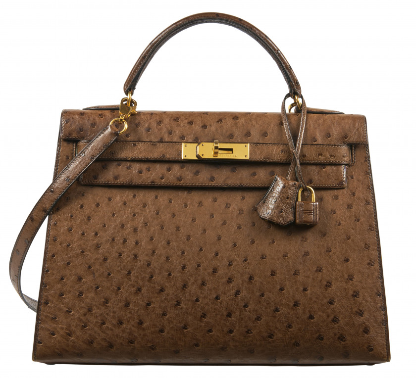 HERMÈS 1992  Sac KELLY Sellier 32 Autruche marron (Struthio camelus) NR Garniture métal plaqué or  KELLY Sellier 32 ba...