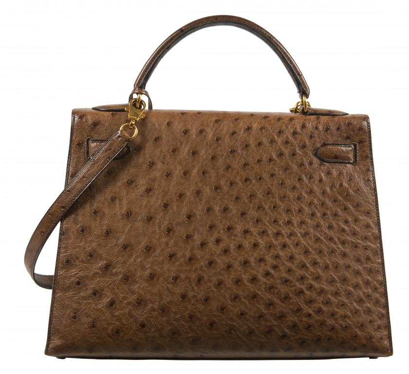 HERMÈS 1992  Sac KELLY Sellier 32 Autruche marron (Struthio camelus) NR Garniture métal plaqué or  KELLY Sellier 32 ba...