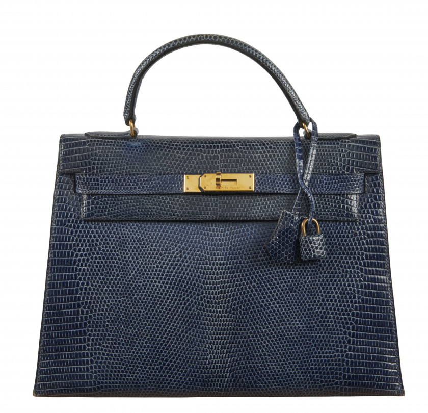 HERMÈS Circa 1990  Sac KELLY Sellier 32 Varan du Nil bleu (Varanus niloticus) II/B Garniture métal plaqué or  KELLY Se...