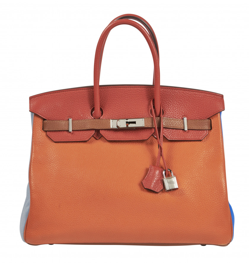 HERMÈS Édition Limitée 2013  Sac BIRKIN ARLEQUIN 35 Taurillon Clémence Orange, Gold, Sanguine, Étain, Bleu Lin et Hydra ...