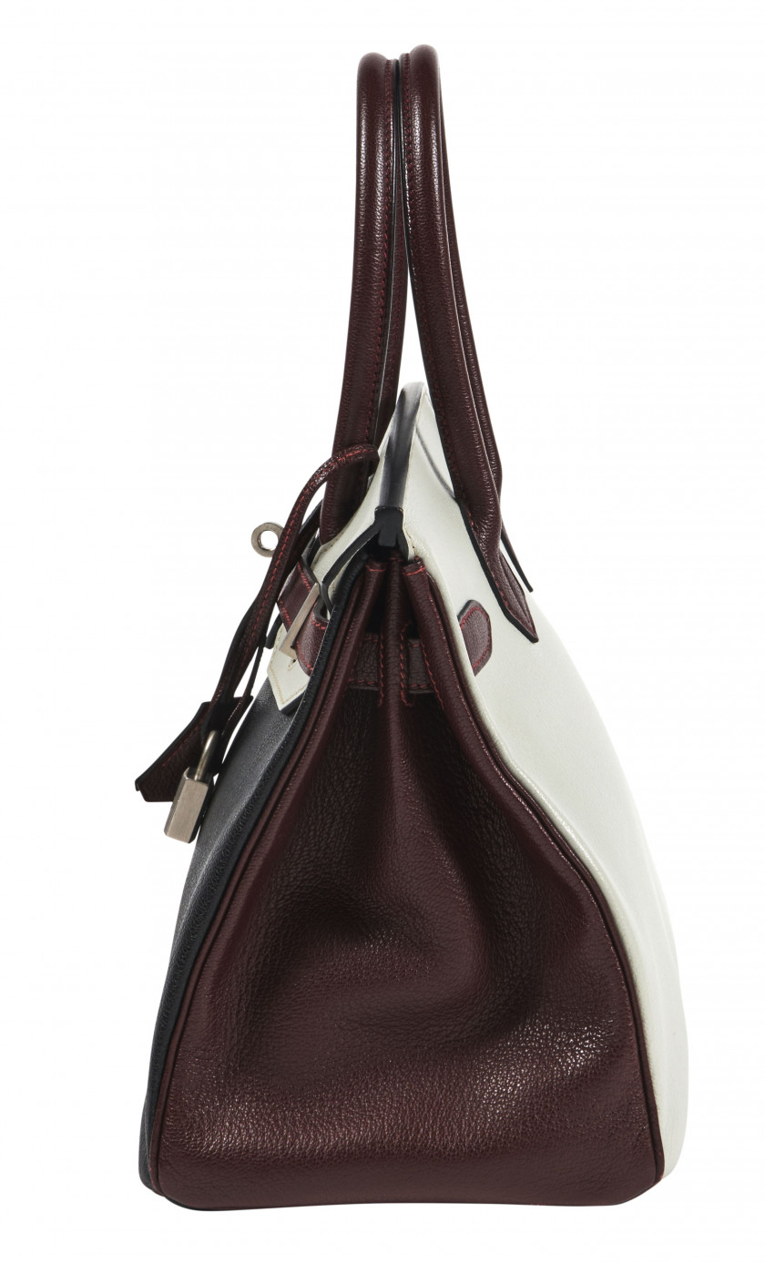 HERMÈS Commande Spéciale 2013  Sac BIRKIN 30 Chèvre noir, Prune et Craie Garniture métal argenté brossé  BIRKIN 30 b...