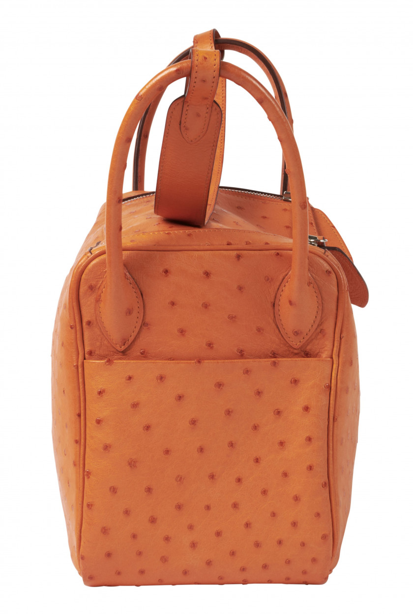 HERMÈS 2008  Sac LINDY 30 Autruche Tangerine (Struthio camelus) NR Garniture métal argenté palladié  LINDY 30 bag Ta...