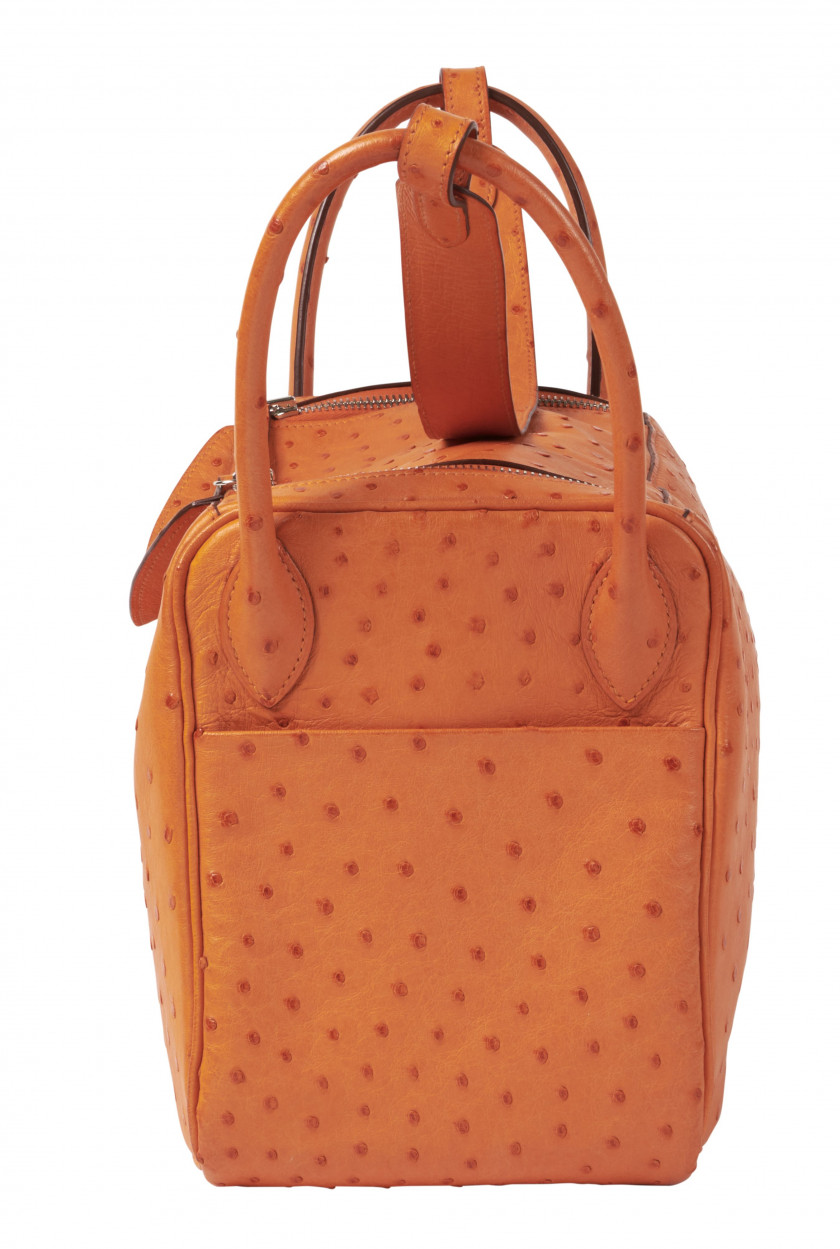 HERMÈS 2008  Sac LINDY 30 Autruche Tangerine (Struthio camelus) NR Garniture métal argenté palladié  LINDY 30 bag Ta...