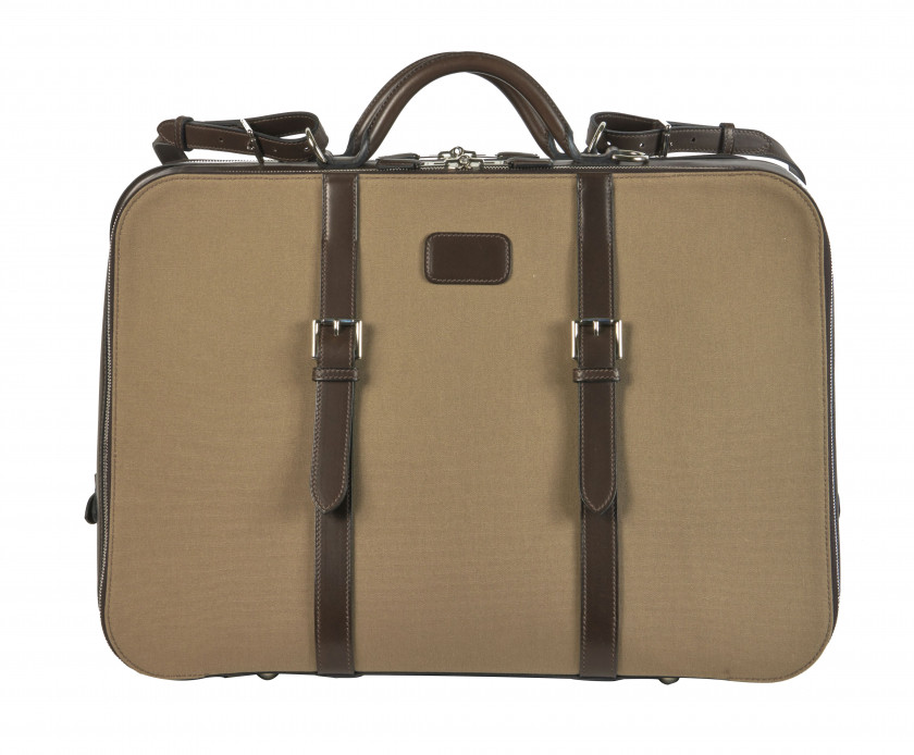 HERMÈS  Deux sacs de voyage HECTOR Veau Chamonix marron, toile kaki et taupe Garniture métal argenté palladié Bandoulière...