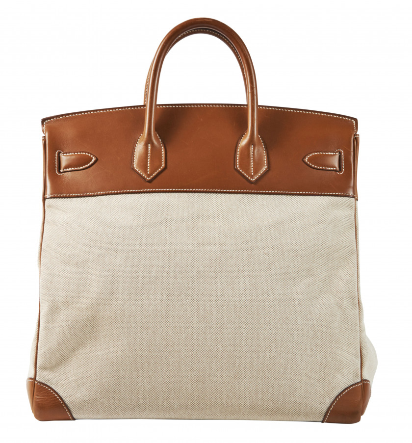 HERMÈS 2010  Sac HAUT À COURROIES 40 Toile "H" et veau Barénia naturel Piqué sellier blanc Garniture métal argenté palla...