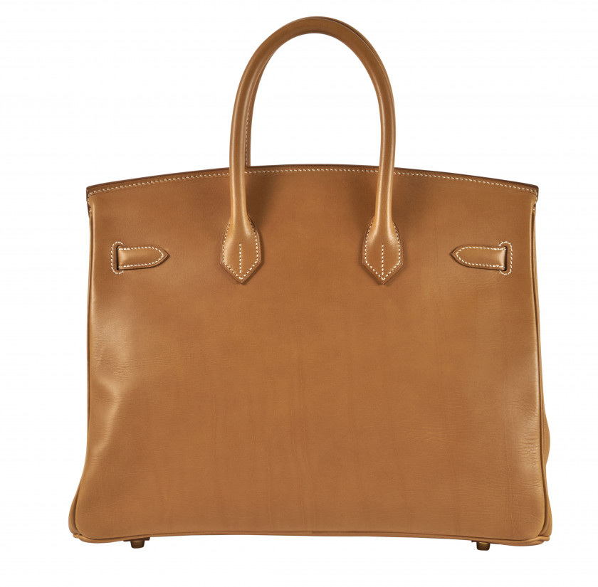 HERMÈS 2003  Sac BIRKIN 35 Vache naturelle Piqué sellier blanc Garniture métal plaqué or  BIRKIN 35 bag Natural hi...