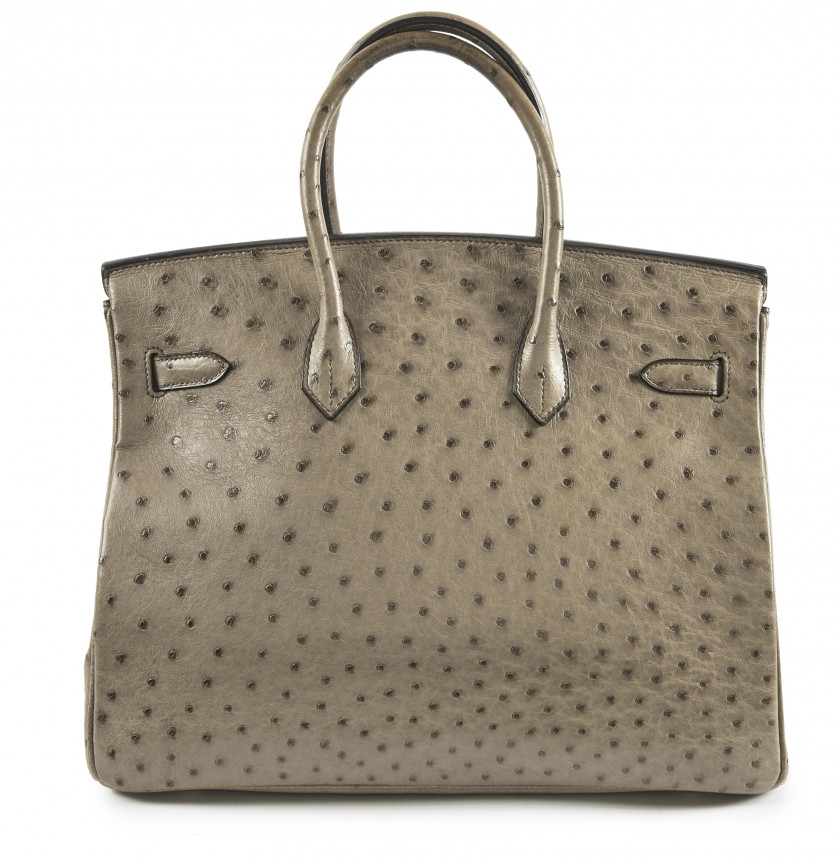 HERMÈS 2005  Sac BIRKIN 35 Autruche taupe (Struthio camelus) NR Garniture métal plaqué or  BIRKIN 35 bag Taupe ostri...