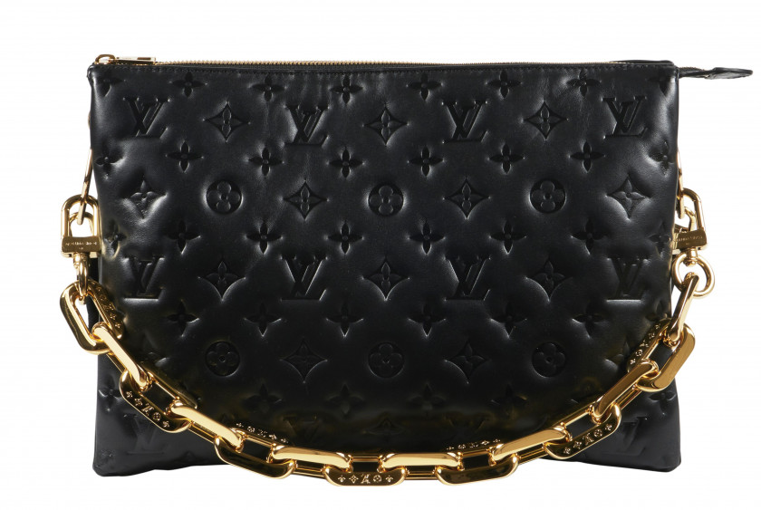 LOUIS VUITTON Printemps-été 2021  Sac COUSSIN Agneau embossé Monogram noir Anse chaîne Edge et anse bandoulière amovibles...