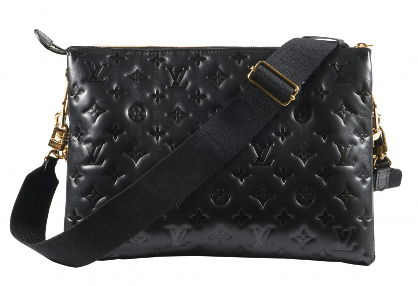LOUIS VUITTON Printemps-été 2021  Sac COUSSIN Agneau embossé Monogram noir Anse chaîne Edge et anse bandoulière amovibles...