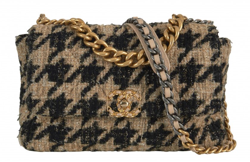 CHANEL 2019 Sac CHANEL 19  Tweed à motif pied-de-coq beige et noir Anse chaîne Garnitures en métal doré et argenté Dim...