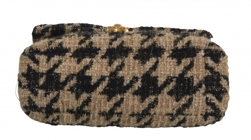 CHANEL 2019 Sac CHANEL 19  Tweed à motif pied-de-coq beige et noir Anse chaîne Garnitures en métal doré et argenté Dim...