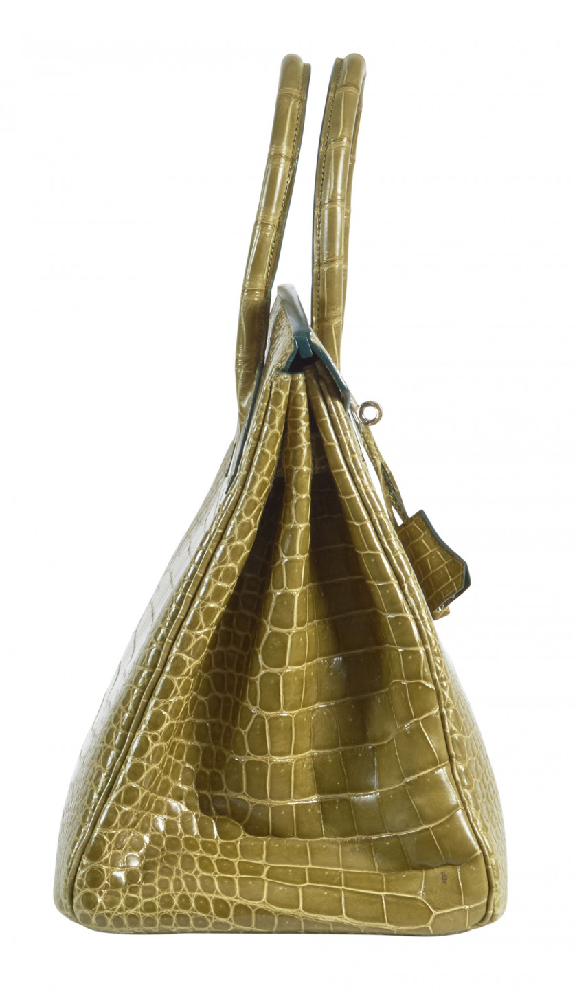 HERMÈS 2011  Sac BIRKIN 35 Crocodile d'estuaire lisse vert (Crocodylus porosus) II/B Garniture métal argenté palladié R...