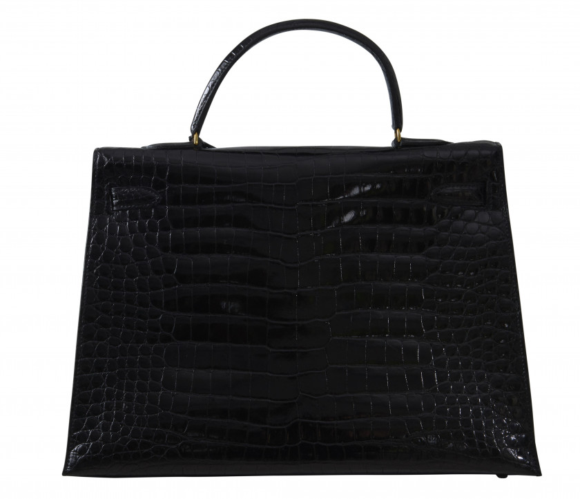 HERMÈS  Sac KELLY Sellier 35 Crocodile d'estuaire noir (Crocodylus porosus) II/B Garniture métal plaqué or  KELLY Sellie...