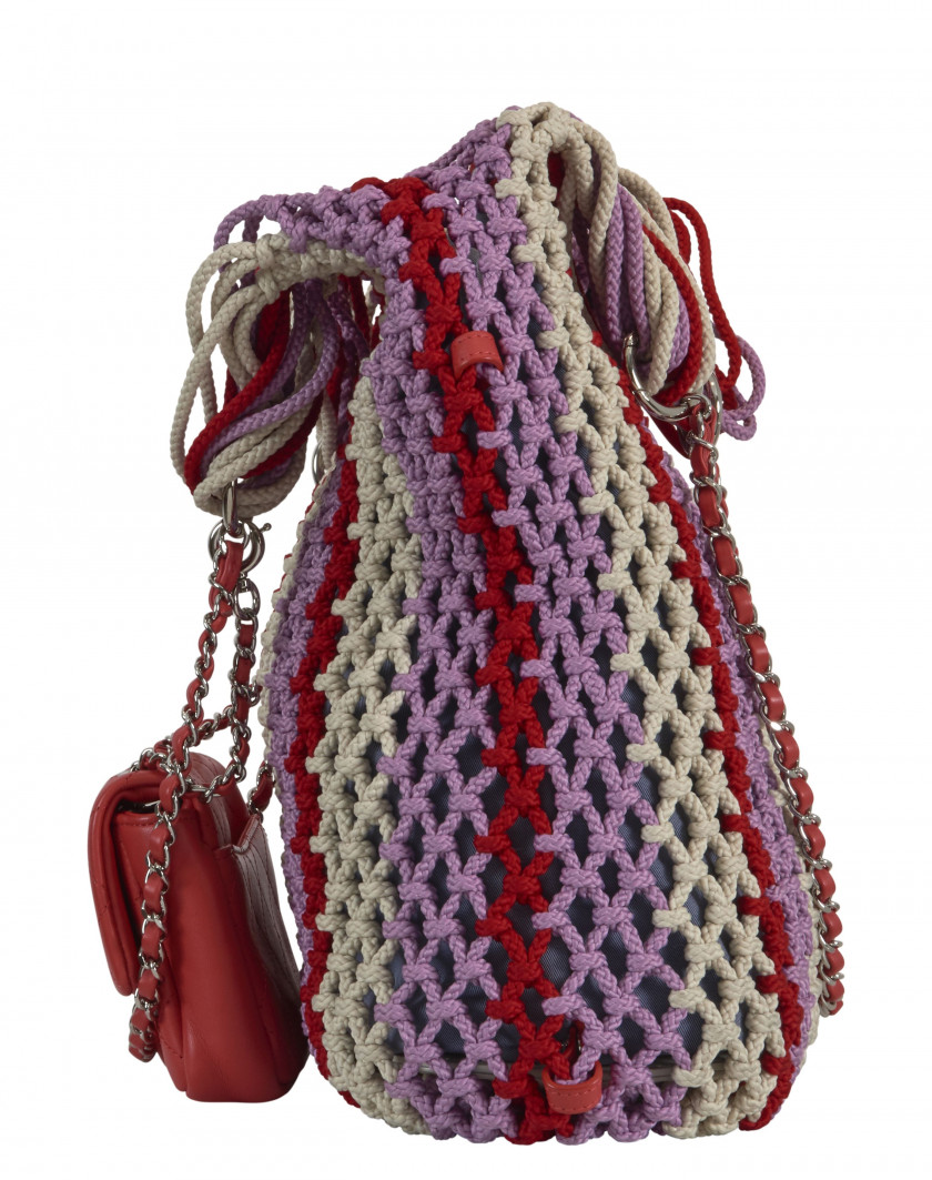 CHANEL Printemps-été 2019  Sac CABAS Filet tricolore Mini sac à rabat en cuir matelassé corail Anses chaînes Garniture...