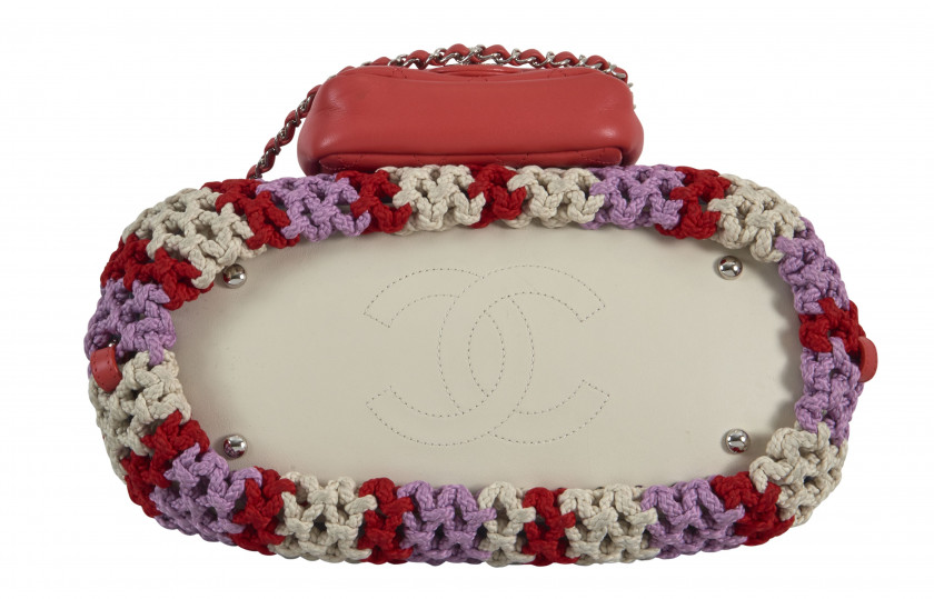 CHANEL Printemps-été 2019  Sac CABAS Filet tricolore Mini sac à rabat en cuir matelassé corail Anses chaînes Garniture...