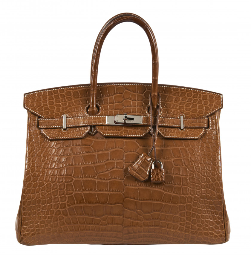 HERMÈS 2012  Sac BIRKIN 35 Alligator mat Fauve (Alligator mississippiensis) II/B Piqué sellier blanc Garniture métal arg...