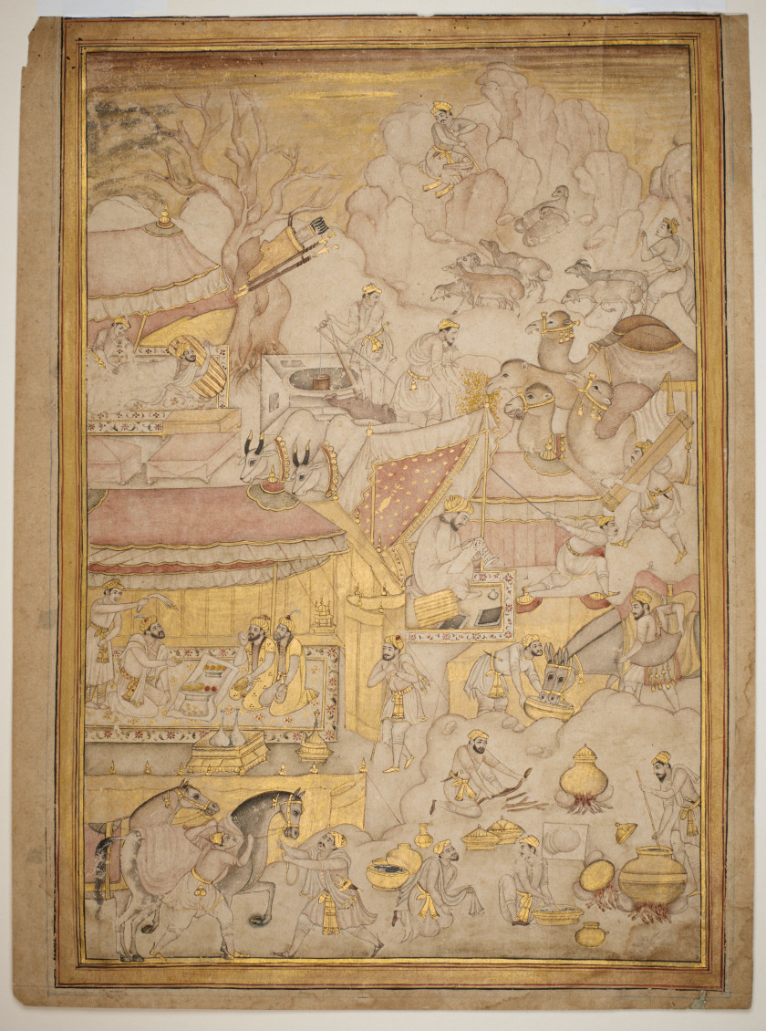 ¤ GRANDE SCENE DE CAMPEMENT DANS LE STYLE " NIM QALAM "  Style moghol dans le Deccan, Inde, vers 1700