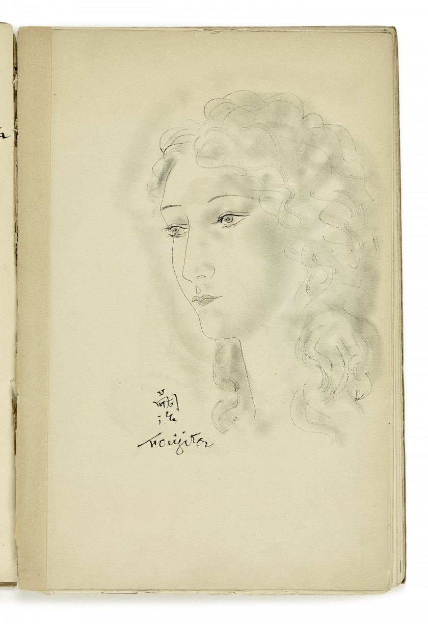 Léonard Tsuguharu FOUJITA 1886- 1968 Portrait de femme - circa 1926 Encre et estompe sur une page de l'ouvrage Légendes japonaises r..