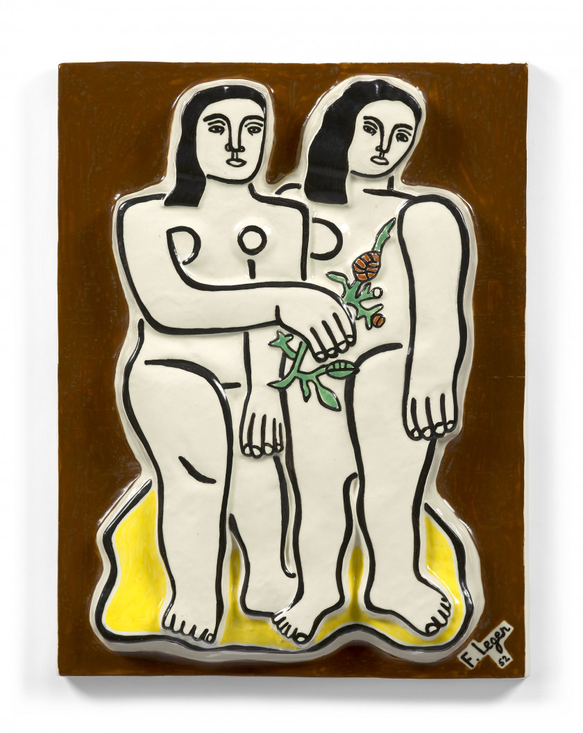 Fernand LEGER & Roland BRICE 1881-1955 & 1911-1989 Les deux soeurs sur fond marron -1952 Céramique polychrome