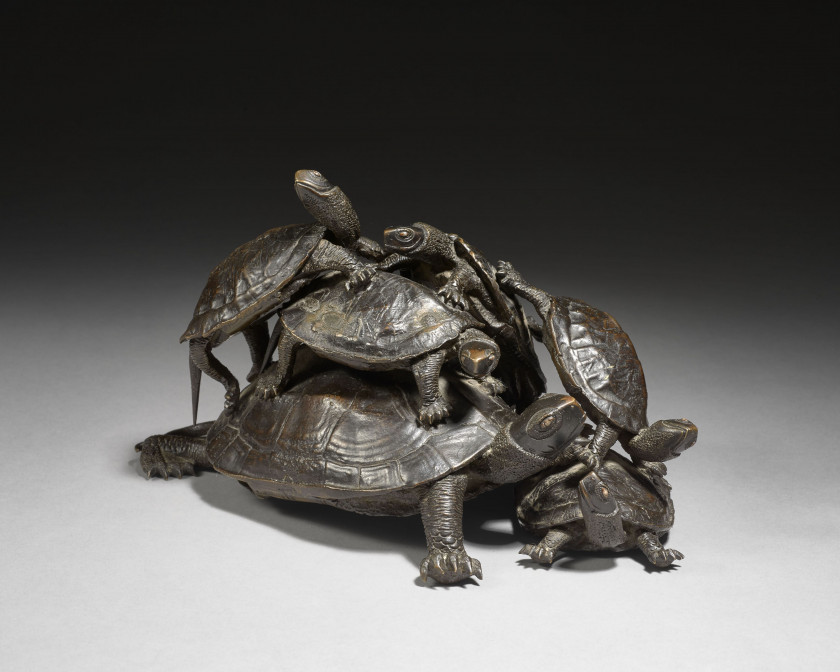 GROUPE DE SIX TORTUES EN BRONZE, Japon, époque Meiji (1868-1912)