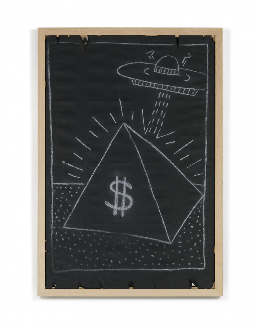 Keith HARING (Américain - 1958 - 1990) Sans titre (Subway Drawing) - circa 1980 Craie sur papier noir déchiré