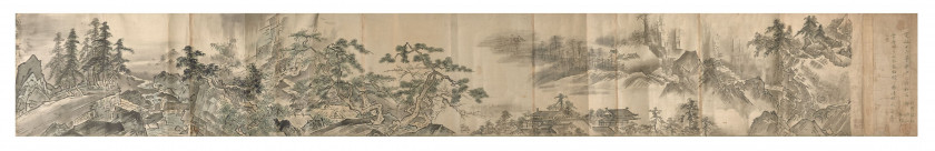 LONG ROULEAU DE PEINTURE À L'ENCRE ET COULEURS SUR PAPIER, Japon, époque Edo, daté 1800