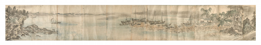 LONG ROULEAU DE PEINTURE À L'ENCRE ET COULEURS SUR PAPIER, Japon, époque Edo, daté 1800