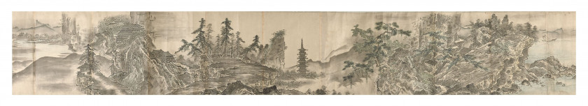 LONG ROULEAU DE PEINTURE À L'ENCRE ET COULEURS SUR PAPIER, Japon, époque Edo, daté 1800