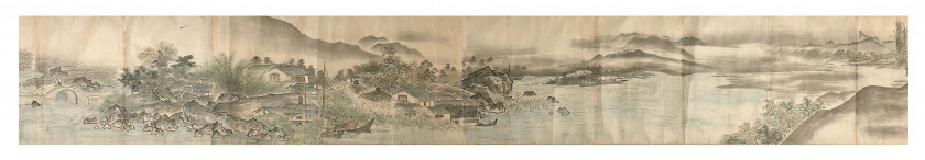 LONG ROULEAU DE PEINTURE À L'ENCRE ET COULEURS SUR PAPIER, Japon, époque Edo, daté 1800