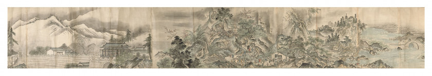 LONG ROULEAU DE PEINTURE À L'ENCRE ET COULEURS SUR PAPIER, Japon, époque Edo, daté 1800