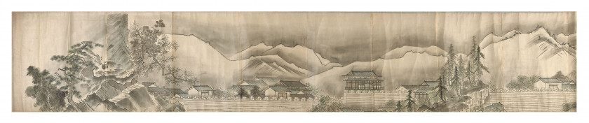 LONG ROULEAU DE PEINTURE À L'ENCRE ET COULEURS SUR PAPIER, Japon, époque Edo, daté 1800