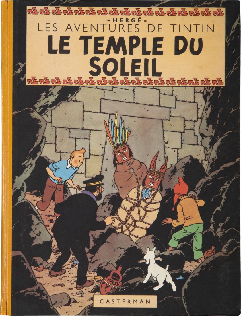 TINTIN N°14  Le Temple du soleil Casterman, 1949. Dos jaune, 4e plat B3. EO en couleurs. Pages de garde bleu foncé, 2 symboles I...