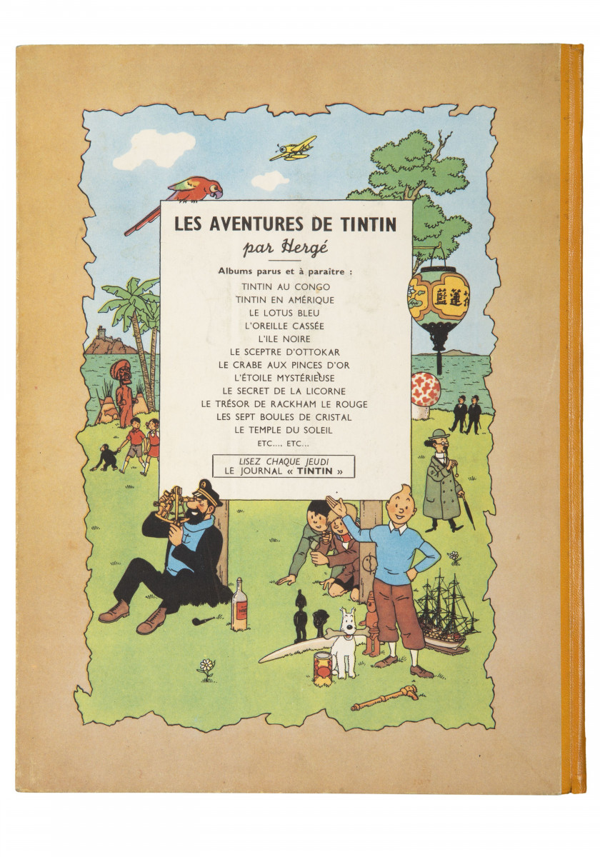 TINTIN N°14  Le Temple du soleil Casterman, 1949. Dos jaune, 4e plat B3. EO en couleurs. Pages de garde bleu foncé, 2 symboles I...