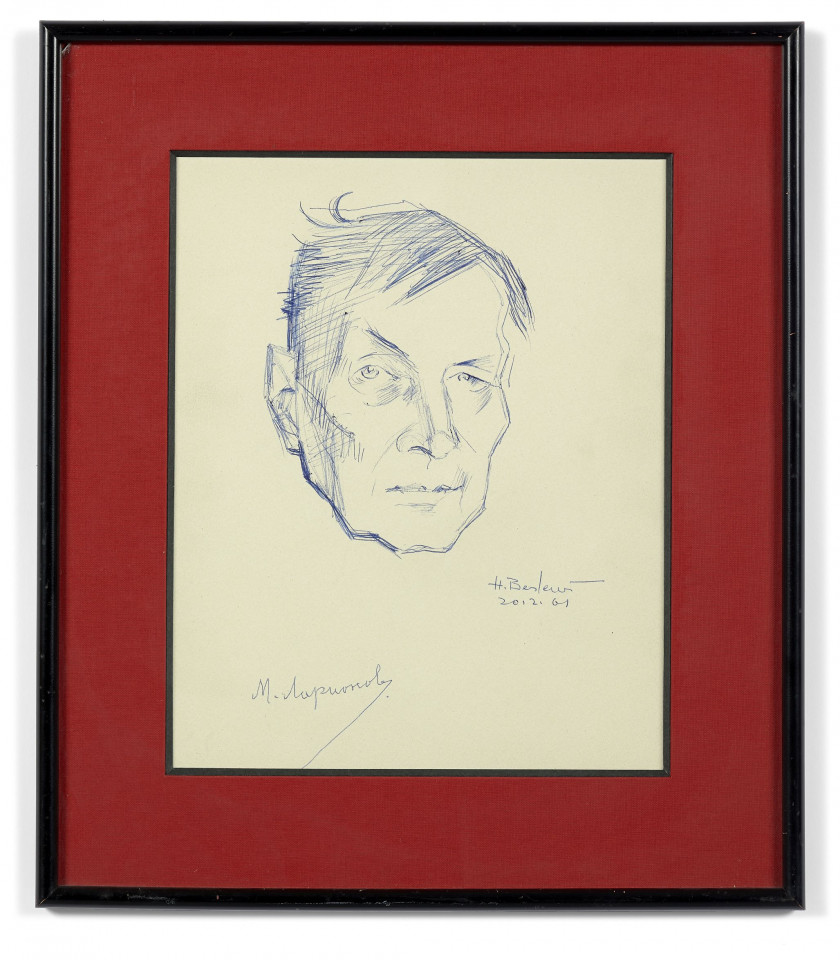 Henryk BERLEWI 1894 - 1967 Portrait de Mikhail Larionov - 1961 Stylo bille bleu sur papier