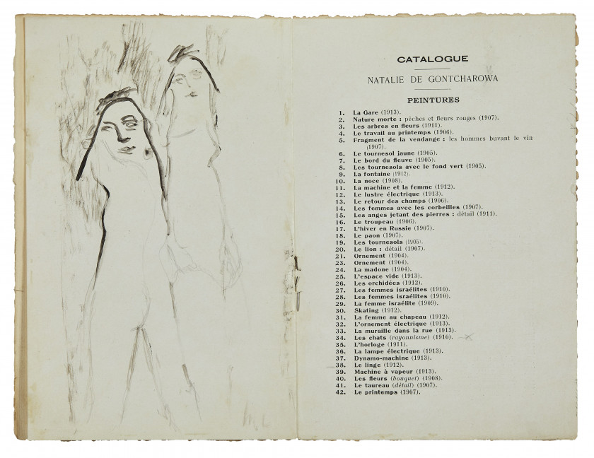 Mikhaïl LARIONOV 1881-1964 Deux personnages - circa 1914 Lavis d'encre sur une page du catalogue d'exposition "Natalie de GONTCHAROW.