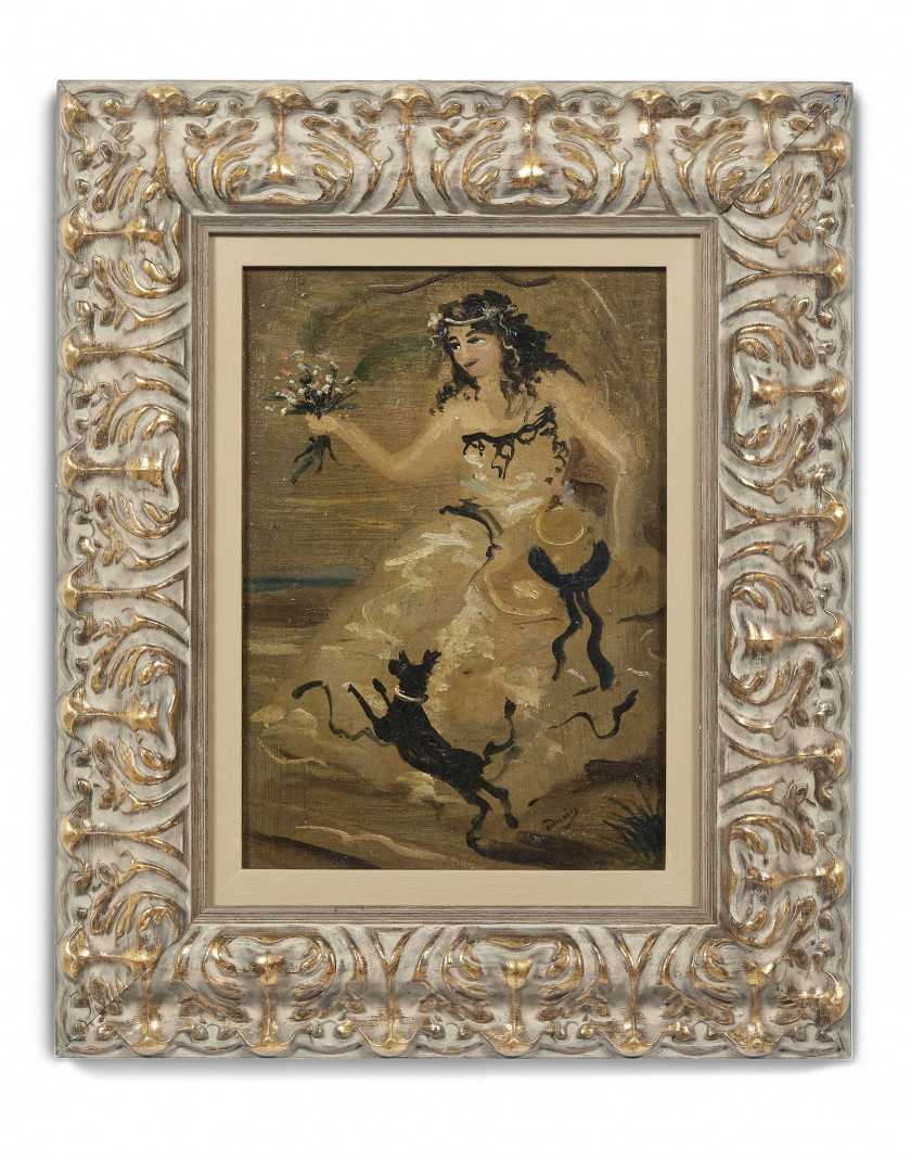 André DERAIN 1880 - 1954 Femme au chien - circa 1946-1950 Huile sur toile marouflée sur carton