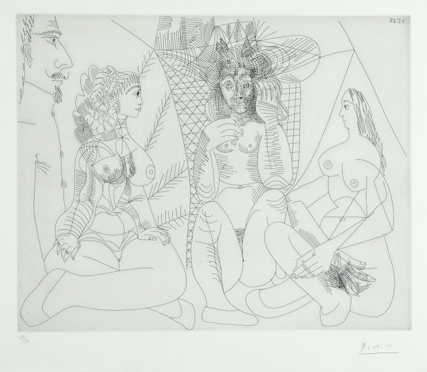 Pablo PICASSO 1881-1973 Trois femmes passant le temps, avec spectateur sévère - 7 mai 1968 (Bloch 1548 - Baer 1563) Eau-forte de la...