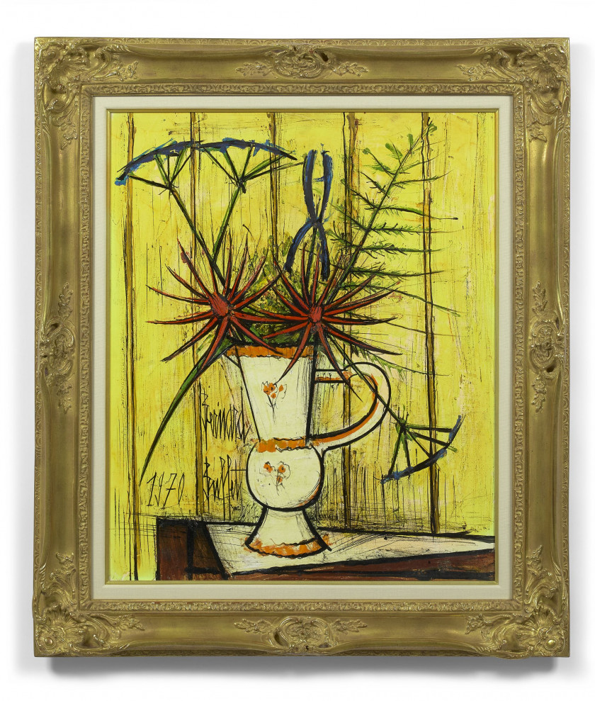 ¤ Bernard BUFFET 1928- 1999 Bouquet rouge et bleu fond jaune, vase blanc et orangé - 1970 Huile sur panneau d'isorel