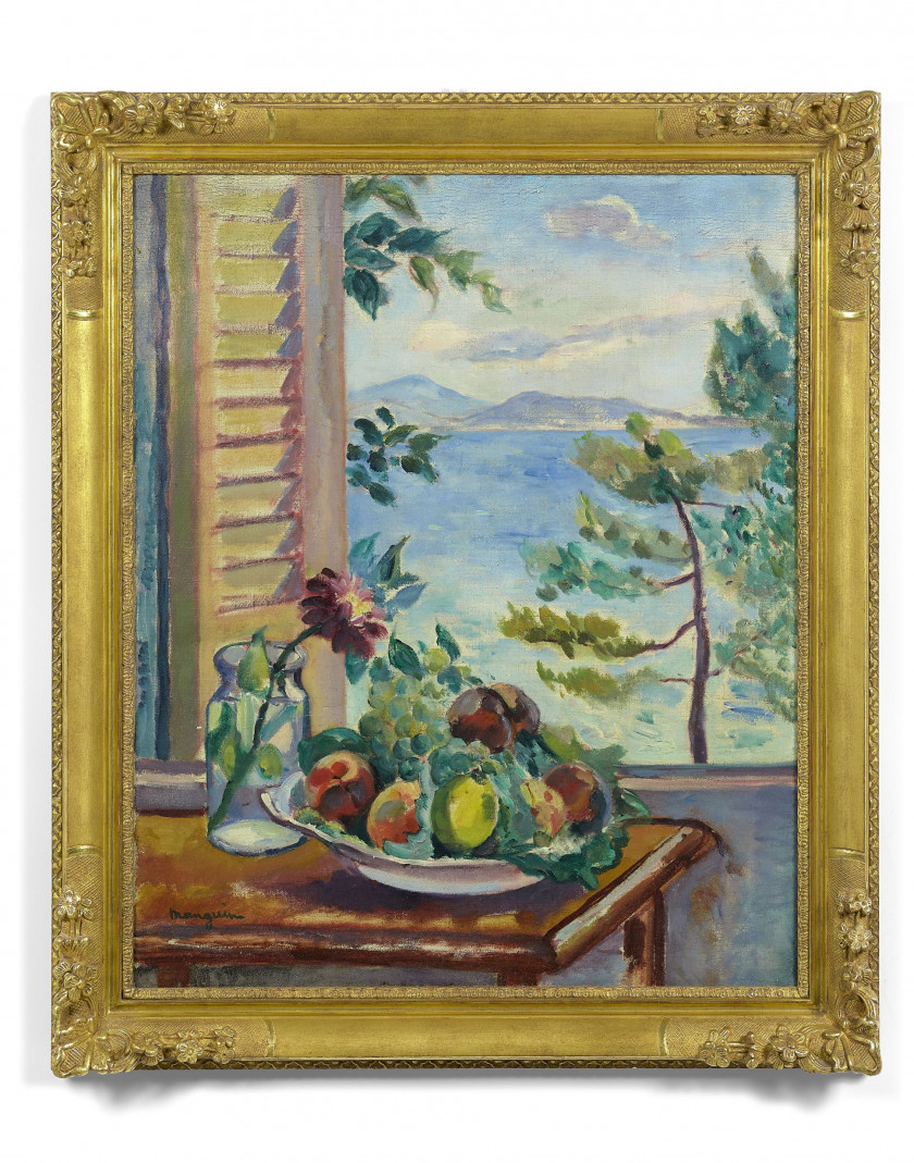 Henri Charles MANGUIN 1874 - 1949 Pêches et raisins à la fenêtre - 1920 Huile sur toile