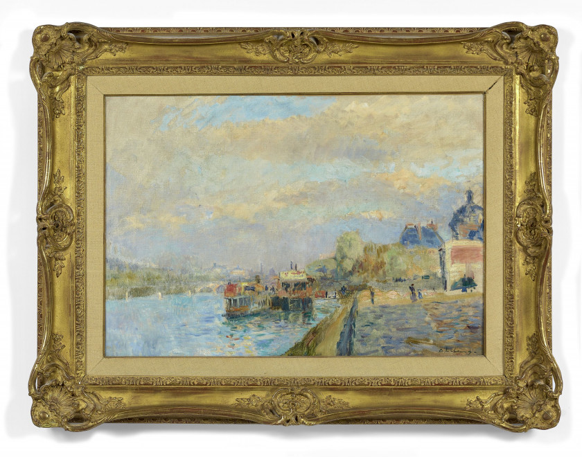 Albert LEBOURG 1848 - 1928 Paris, péniches à quai Huile sur toile