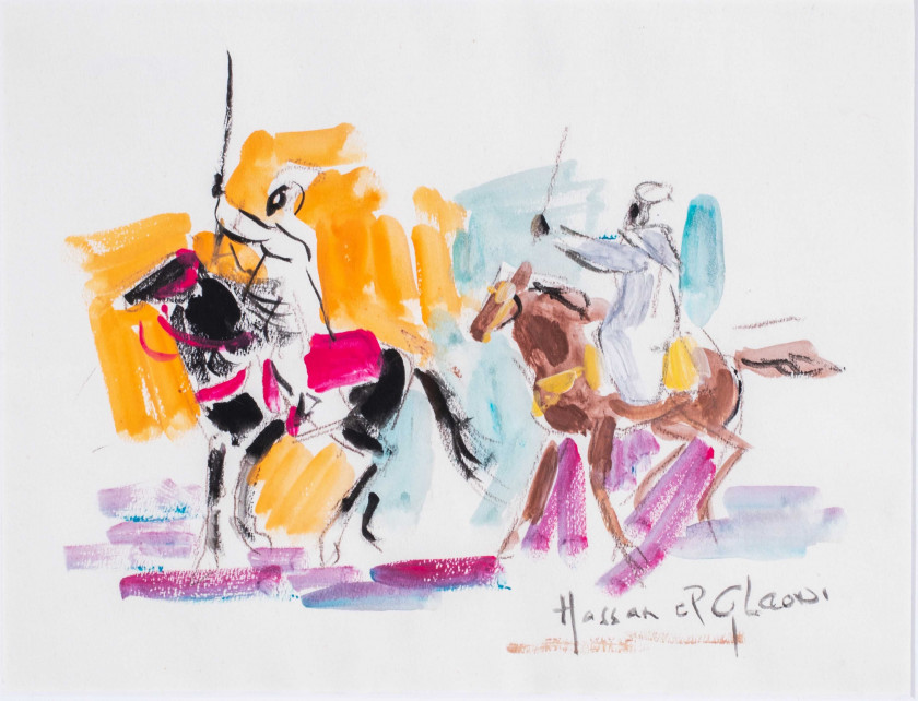 Hassan EL GLAOUI 1923-2018 Deux cavaliers Aquarelle et gouache sur papier