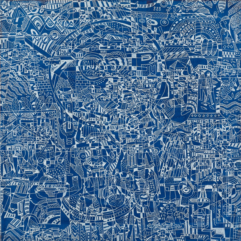 Houston MALUDI Né en 1978 - Répubublique Démocratique du Congo L'Utopie, 2021 Crayon blanc sur encre bleue et appret sur toile