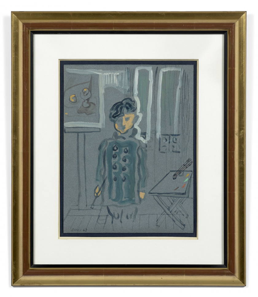 Francisco BORES 1898 - 1972 Peintre jeune homme - 1943 Gouache et aquarelle sur papier bleu