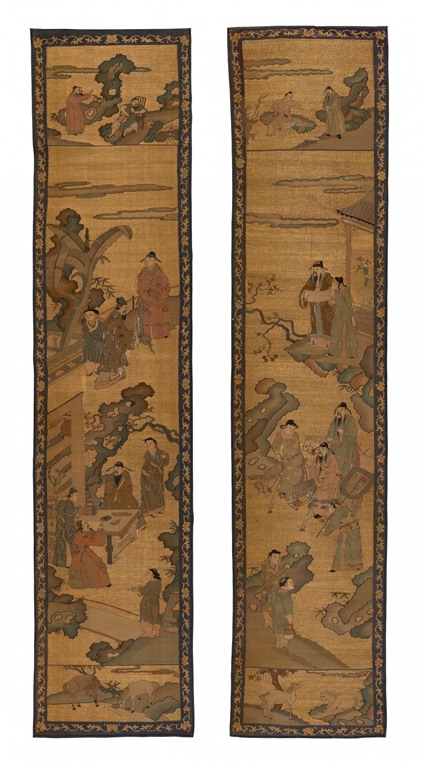 DEUX TEINTURES EN SOIE TISSÉE KESI ET BRODÉES DE FILS MÉTALLIQUES DORÉS, Chine, dynastie Qing, époque Kangxi (1662-1722)
