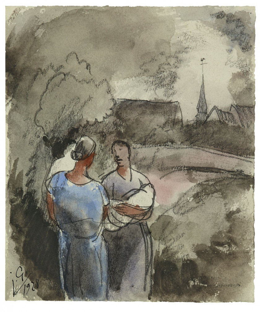 Julio GONZALEZ 1876 - 1942 Deux paysannes avec leur nourrisson - 1928 Aquarelle, pastel et crayon sur papier