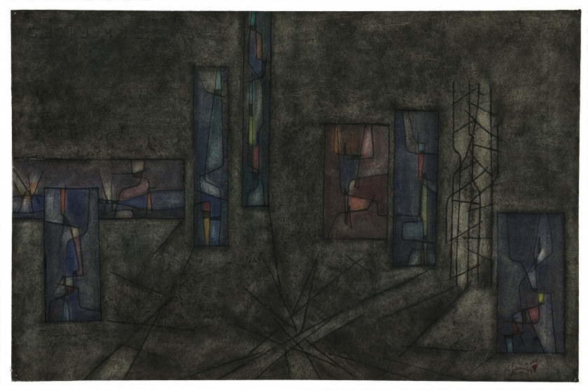 Gustave SINGIER 1909 - 1984 Maquette pour un décor d'Opéra - 1967 Aquarelle, pastel et encre de Chine sur papier