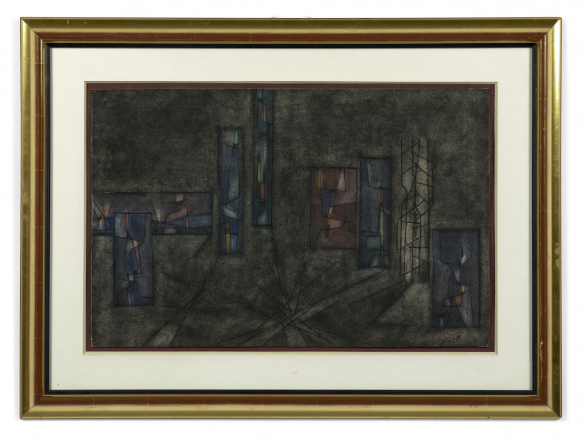 Gustave SINGIER 1909 - 1984 Maquette pour un décor d'Opéra - 1967 Aquarelle, pastel et encre de Chine sur papier